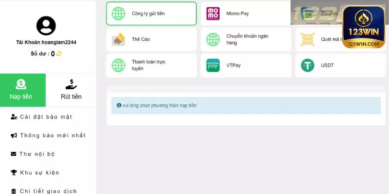 123win đa dạng phương thức nạp tiền